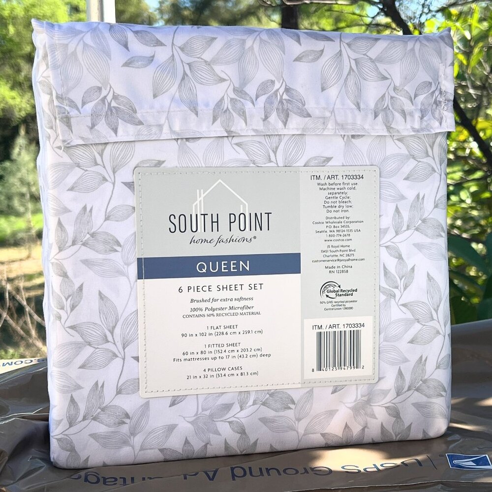 6 Piece Queen Size Sheet Set Microfiber by South Point NEW Gray Leaf - Picture 3 of 6